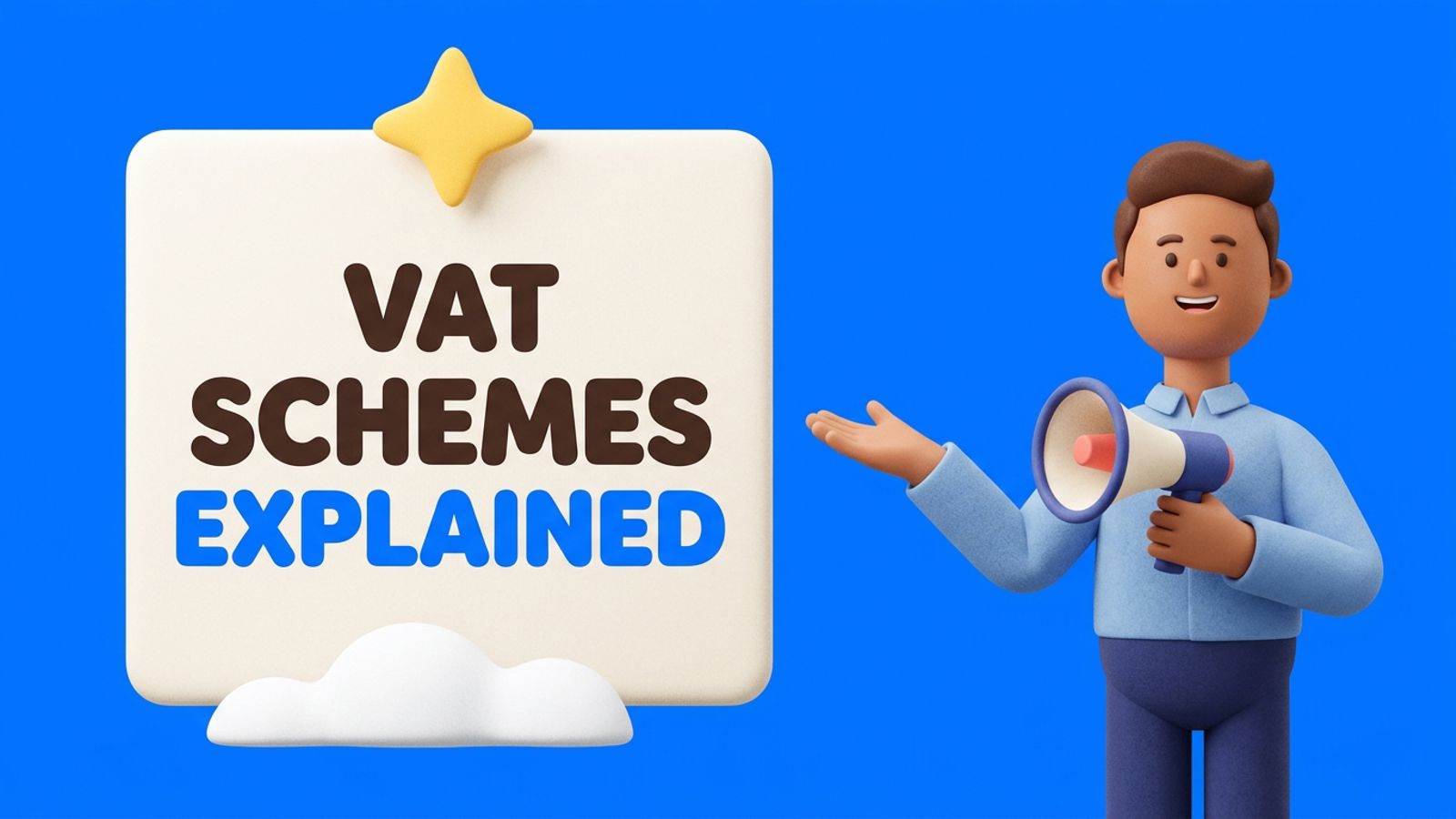 Illustration of five labelled paths representing UK VAT schemes leading to a small business owner choosing between them